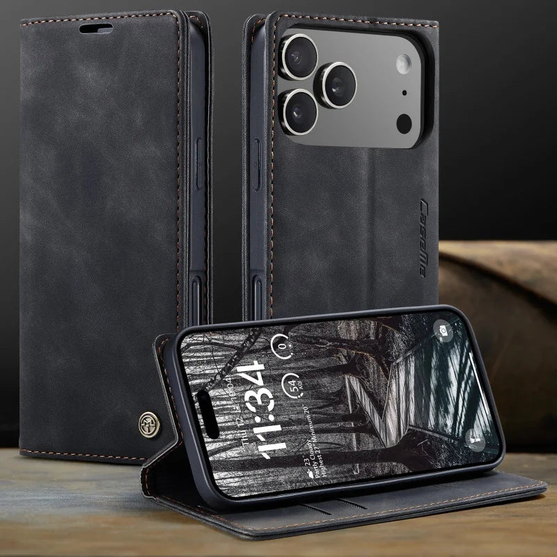 Black Retro Leather Wallet Flip Case with Stand for iPhone | iPhone 16 and 17