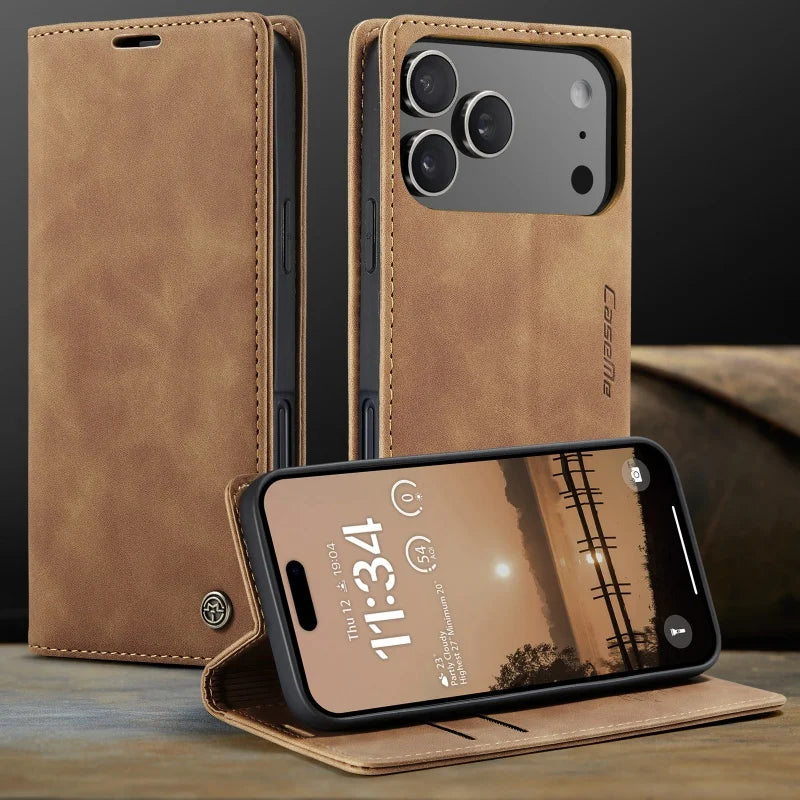 Brown Retro Leather Wallet Flip Case with Stand for iPhone | iPhone 16 and 17