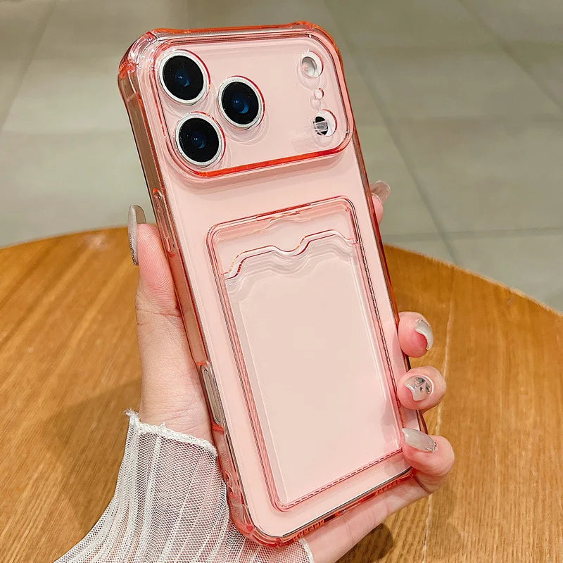 Clear Card Holder Phone Case – Transparent Wallet Soft TPU Silicone Cover - Pink