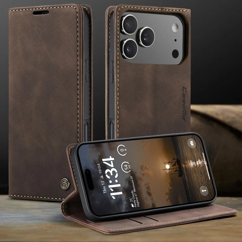 Coffee Retro Leather Wallet Flip Case with Stand for iPhone | iPhone 16 and 17
