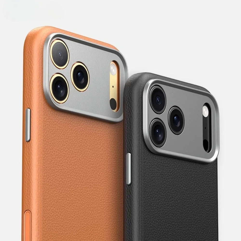 Genuine Leather Magnetic Case for iPhone 17 Pro Max – Shockproof Cover with Metal Camera Lens Protection