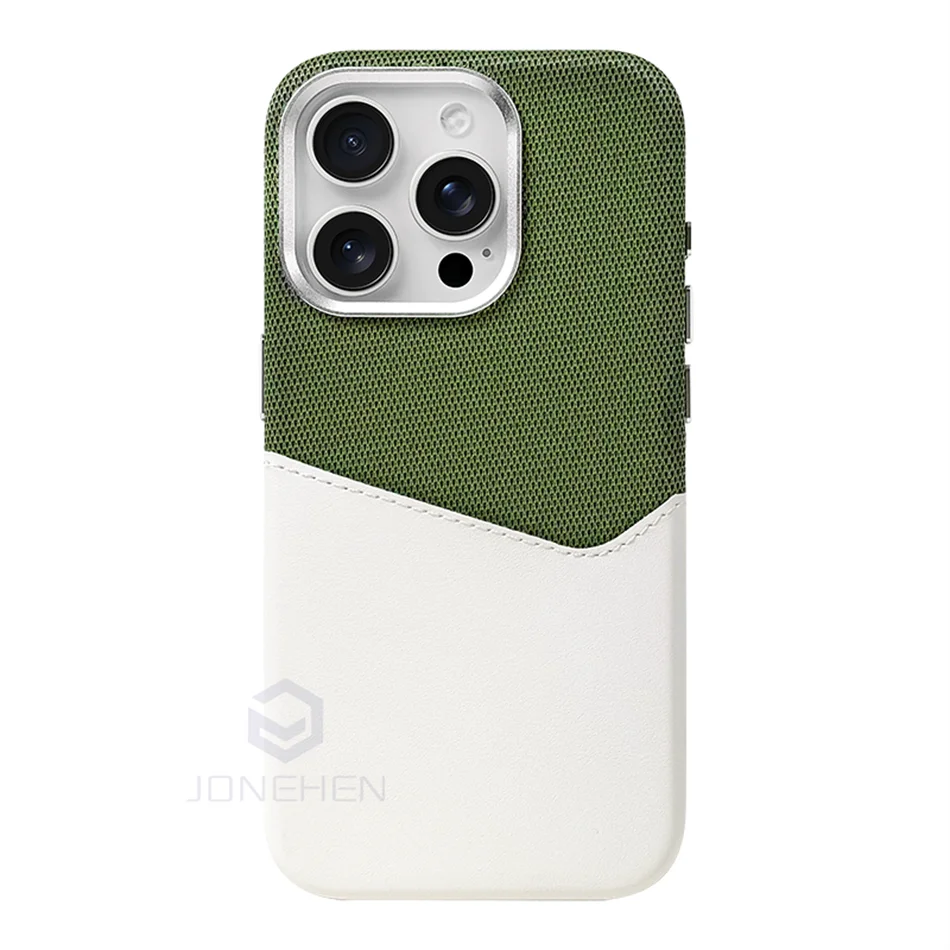 MagSafe Card Holder Leather Case – Fabric & Faux Leather Magnetic Phone Cover - Green White