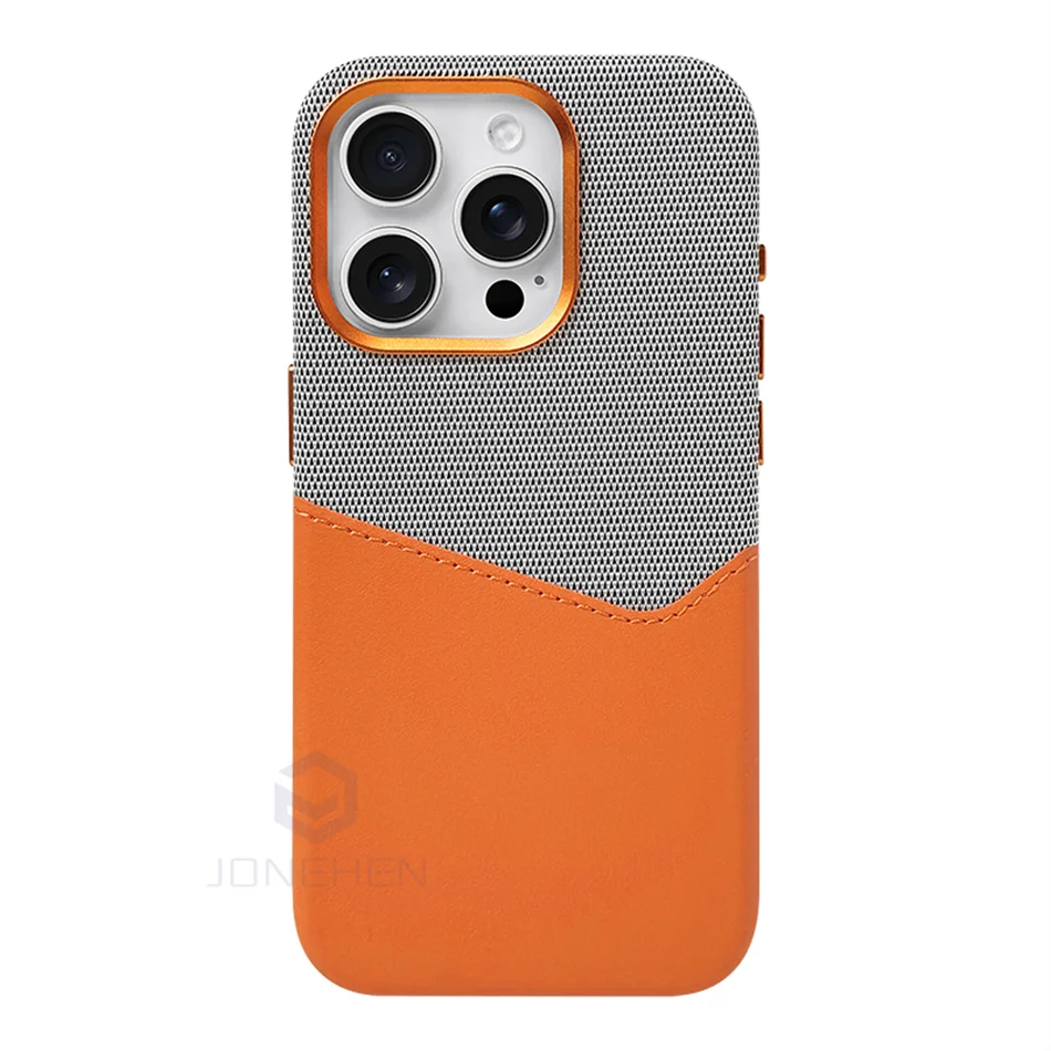 MagSafe Card Holder Leather Case – Fabric & Faux Leather Magnetic Phone Cover - Orange