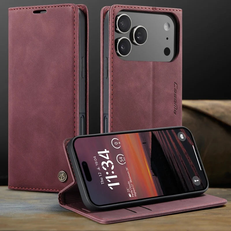 Red Retro Leather Wallet Flip Case with Stand for iPhone | iPhone 16 and 17