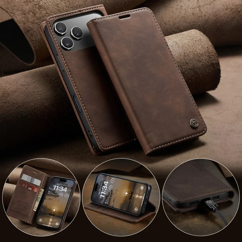 Retro Leather Wallet Flip Case with Stand for iPhone | iPhone 16 and 17
