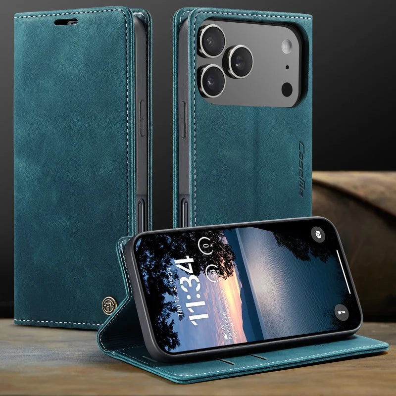 Teal Retro Leather Wallet Flip Case with Stand for iPhone | iPhone 16 and 17