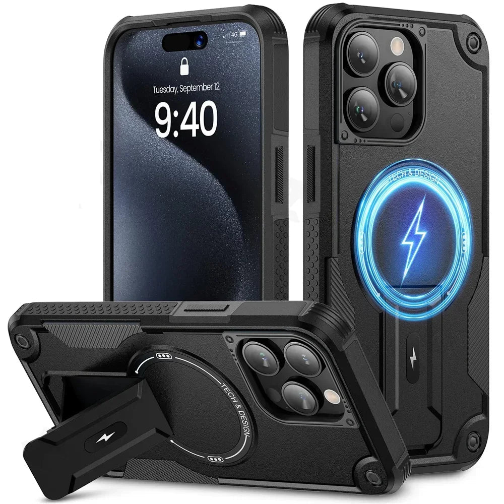 Tough Magsafe Shockproof Heavy Duty Protection Apple iPhone Case with Kickstand Cover - Black