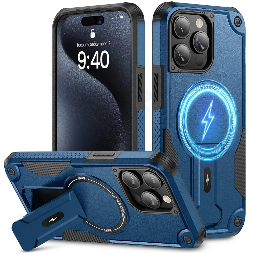 Tough Magsafe Shockproof Heavy Duty Protection Apple iPhone Case with Kickstand Cover - Blue