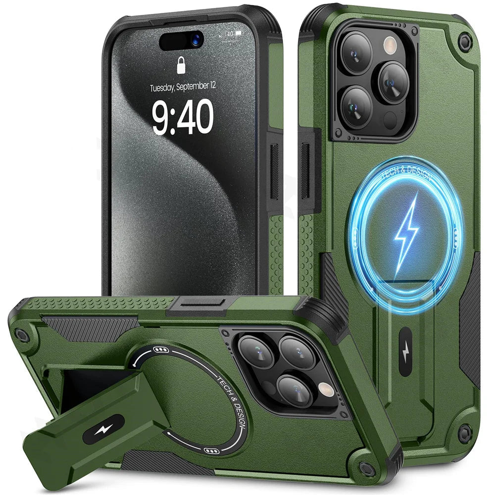 Tough Magsafe Shockproof Heavy Duty Protection Apple iPhone Case with Kickstand Cover - Green